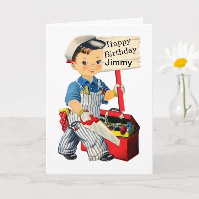 Little Carpenter Birthday card Personalize name (Small Plant)