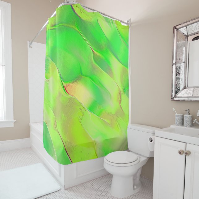 Little carved in aged vivid green shower curtain (In Situ)