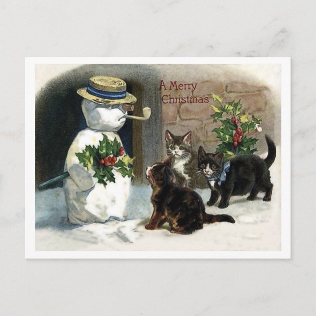 Little cats around Christmas snowman, vintage Postcard (Front)