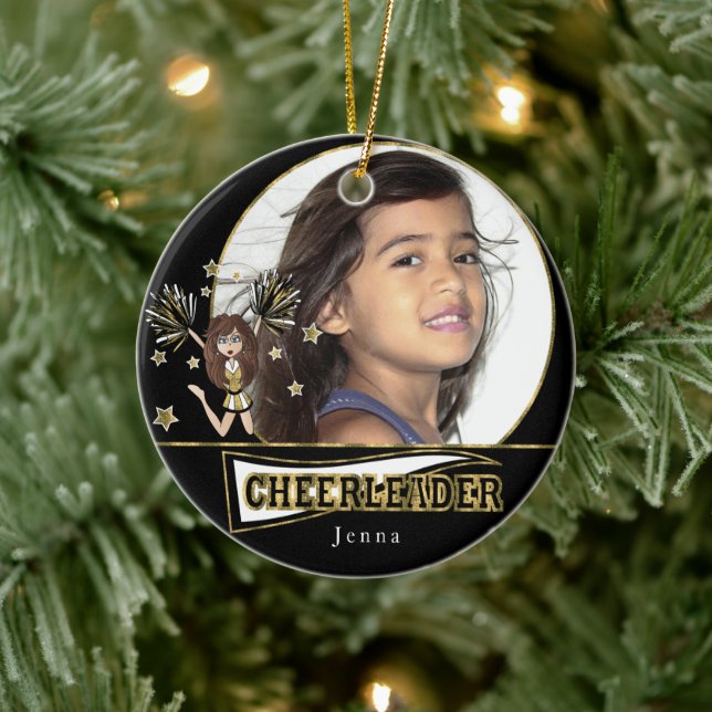 Little Cheerleader 📣- DIY Photo -  Black and Gold Ceramic Ornament (Tree)