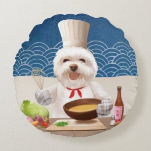 Little Chef Bichon: Asian Cooking Kitchen Art Round Pillow