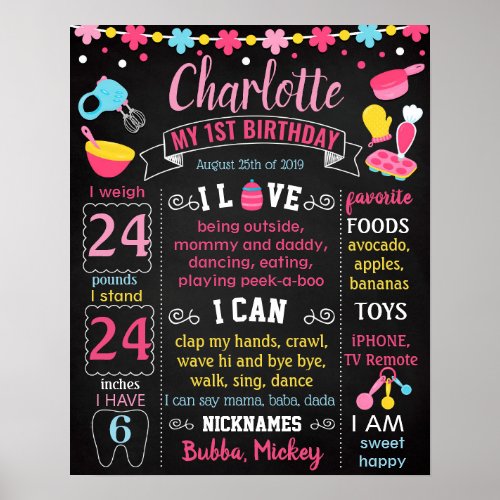 Little Chef cook cooking First Birthday chalkboard Poster