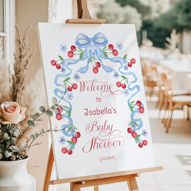 Little Cherry Blue Bow Baby shower Welcome Foam Board (Creator Uploaded)