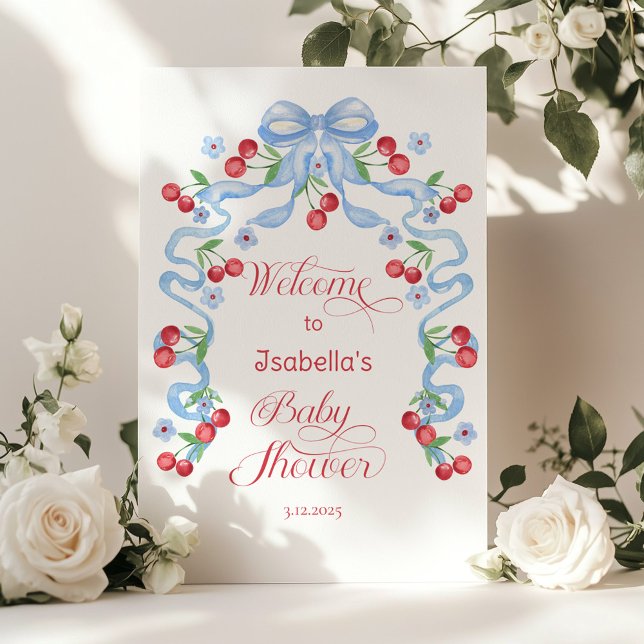 Little Cherry Blue Bow Baby shower Welcome Poster (Creator Uploaded)