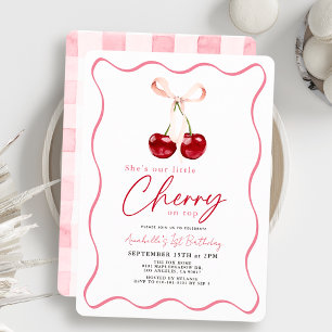 Little Cherry on Top Ribbon Gingham 1st Birthday Invitation