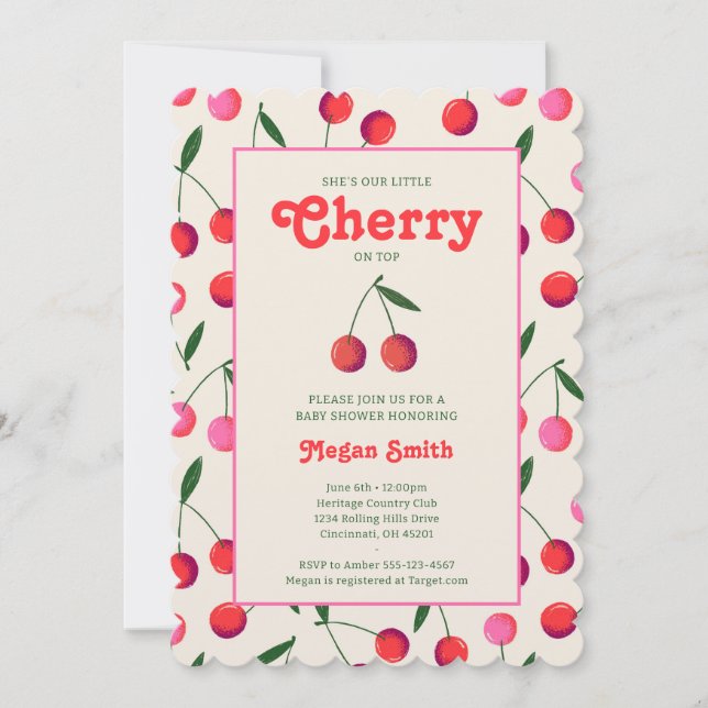 Little Cherry Retro Girl Baby Shower Invite: Ivory Invitation (Front)