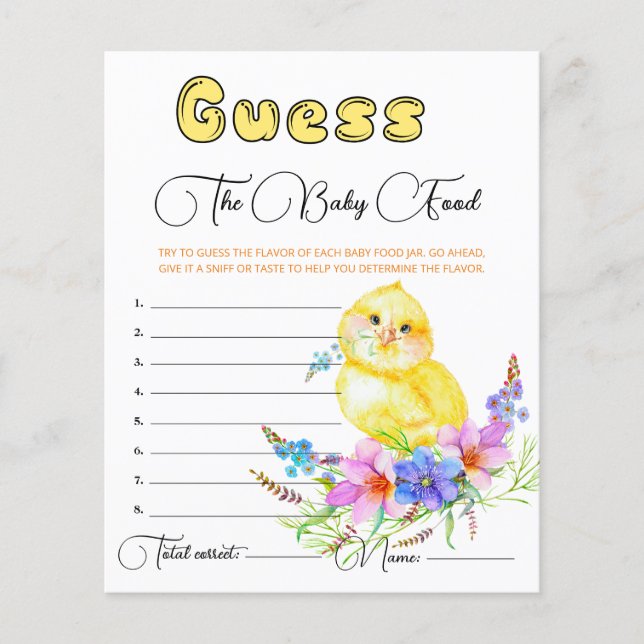 Little Chick Baby Shower Guess the Baby Food Card. (Front)