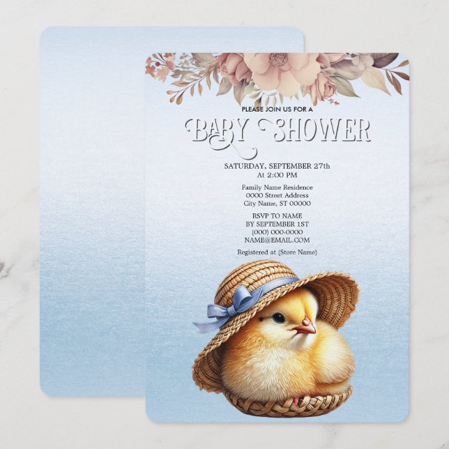 Little Chick Blue Ribbon Baby Shower Invitation (Front/Back)