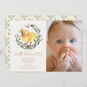 Little Chick & Butterfly Girl 1st Birthday Photo Invitation