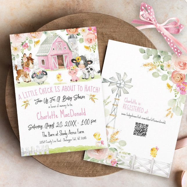 Little Chick Farm Girl Barnyard Floral Baby Shower Invitation (Pink farm girl A Little Chick Is About to Hatch Barnyard animals QR floral baby shower invitation)