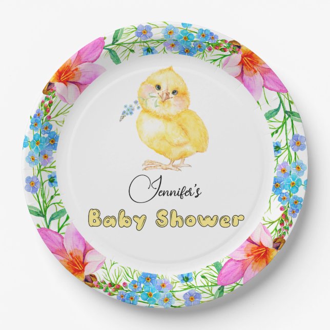 Little Chick Floral Baby Shower Paper Plates (Front)