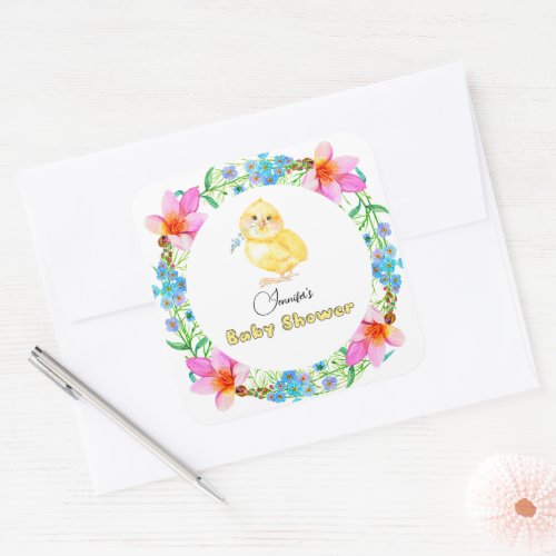 Little Chick Floral Baby Shower Square Sticker