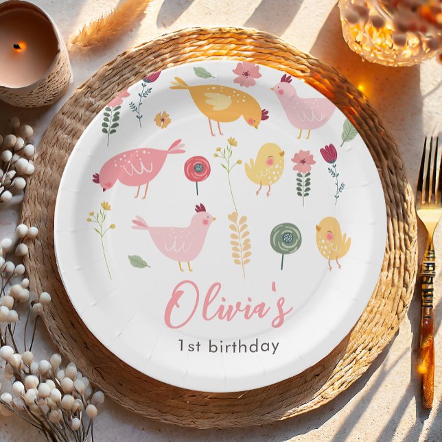 Little Chick Girl Farm Easter Chicken Birthday Paper Plates (Creator Uploaded)