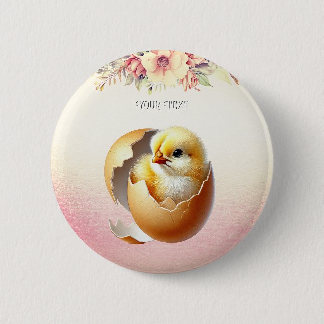 Little Chick Hatching Floral Button (Front)