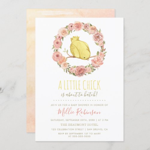 Little Chick Is About To Hatch Floral Baby Shower Invitation - Create your own 'A Little Chick Is About To Hatch Floral Baby Shower' invitations using these templates by Eugene Designs. This spring design features a cute yellow baby chick inside a rustic, watercolor, floral wreath. Underneath the chick and flowers there is a modern baby shower typography ready for you to personalize. On the reverse there is a watercolor wash to match the wreath and baby chick. Choose from Zazzle's wide range of paper stock to suit your needs. Wishing you a very special day.