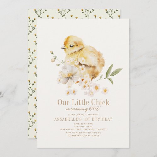 Little Chick Watercolor Floral Girl 1st Birthday Invitation