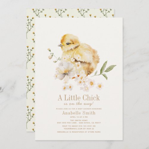 Little Chick Watercolor Floral Girl Baby Shower Invitation
