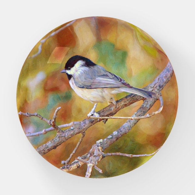 Little Chickadee Bird Art Glass Paperweight (Front)