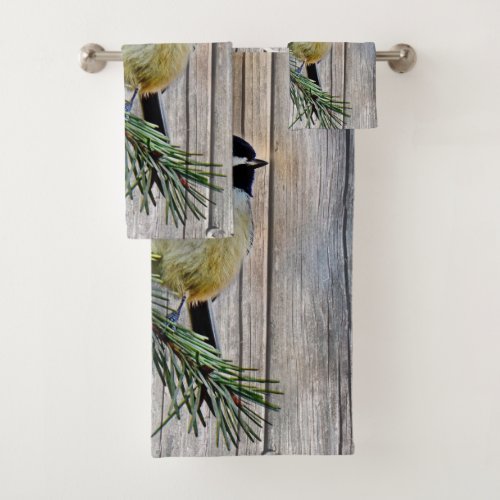 Little Chickadee on Barn Board Background Bath Towel Set