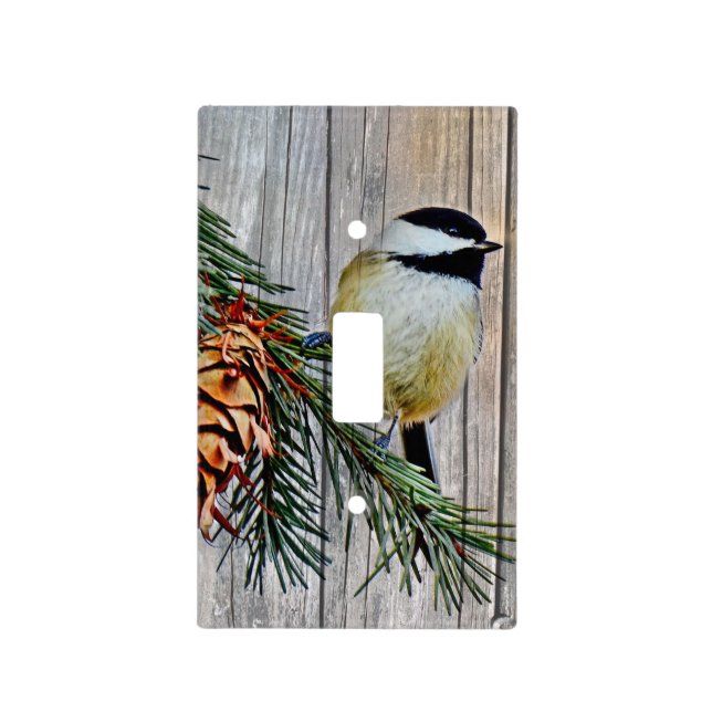 Little Chickadee on Barn Board Background Light Switch Cover (Front)