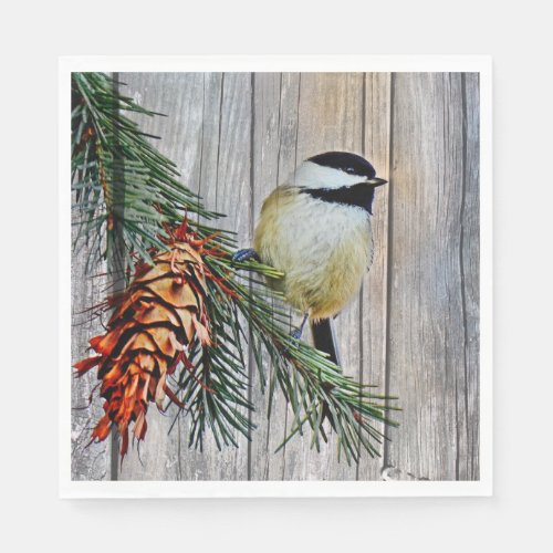 Little Chickadee on Barn Board Background Napkins