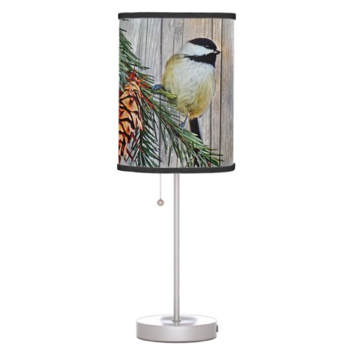 Little Chickadee on Barn Board Background Table Lamp