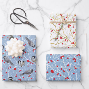 Little Chickadees + Snowy Winterberries Set Wrapping Paper Sheets