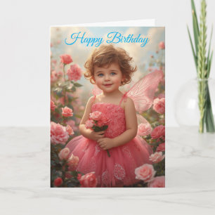 Little Child Fairy in Pink Roses Birthday Card