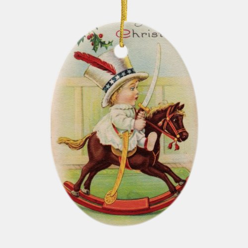 LITTLE CHILD WITH TOP HAT ON THE TOY HORSE CERAMIC ORNAMENT