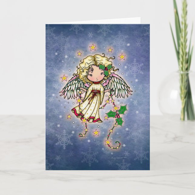 Little Christmas Angel with Holly Art  Holiday Card (Front)