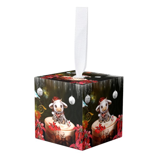 Little christmas cow cube ornament (Front Angled)