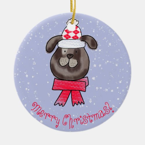 Little Christmas dog wearing knitted cap and scarf Ceramic Ornament