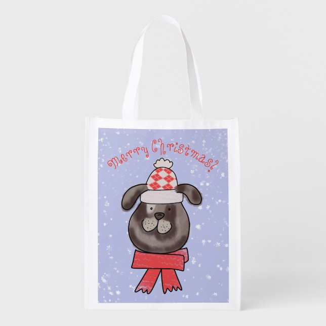 Little Christmas dog wearing knitted cap and scarf Grocery Bag (Front)