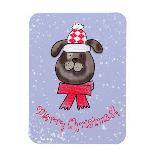 Little Christmas dog wearing knitted cap and scarf Magnet