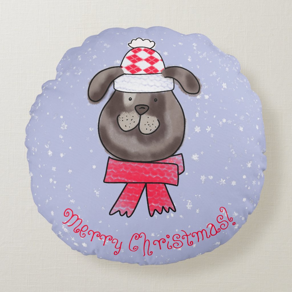 Little Christmas dog wearing knitted cap and scarf
