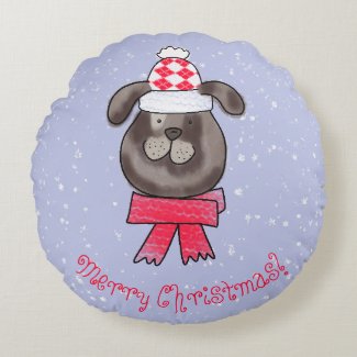 Little Christmas dog wearing knitted cap and scarf