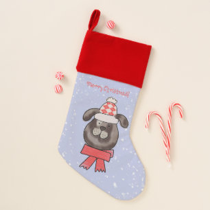 Little Christmas dog wearing knitted cap and scarf Stocking