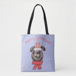 Little Christmas dog wearing knitted cap and scarf Tote Bag