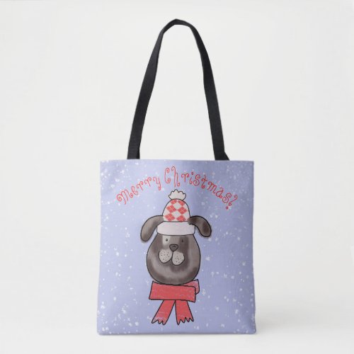 Little Christmas dog wearing knitted cap and scarf Tote Bag