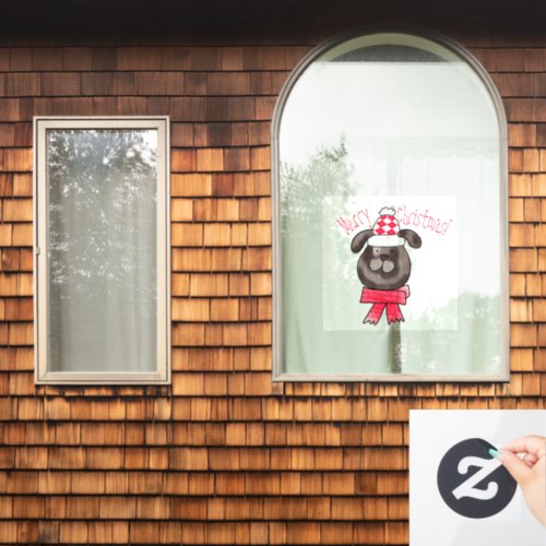 Little Christmas dog wearing knitted cap and scarf Window Cling