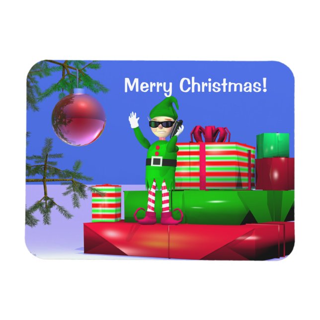 Little Christmas Elf Standing on Gifts Magnet (Horizontal)