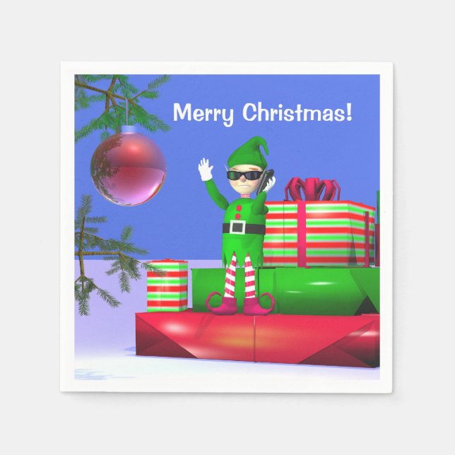 Little Christmas Elf Standing on Gifts Napkins (Front)