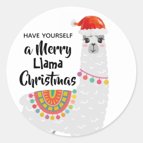 Little Christmas funny Llama Santa hat wishes Classic Round Sticker