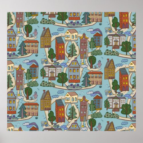 Little City Houses Pattern Design Poster