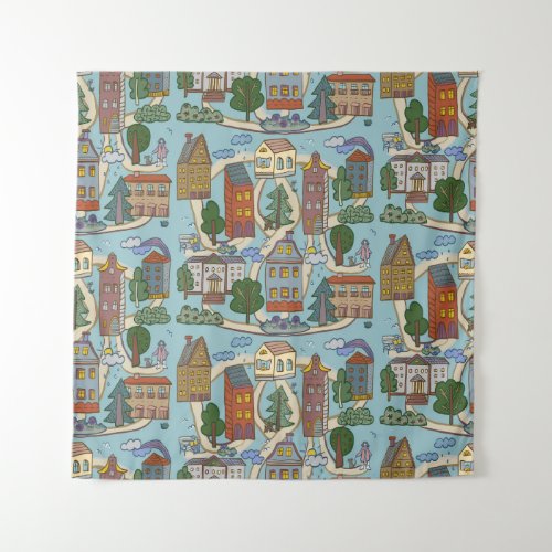 Little City Houses Pattern Design Tapestry