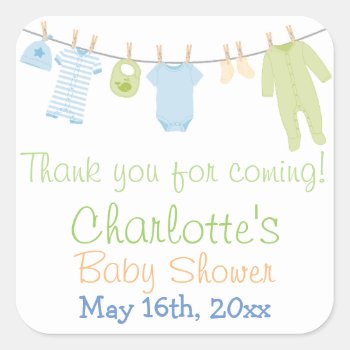 Little Clothes Blue & Green Baby Shower Party Square Sticker by LaBebbaDesigns at Zazzle
