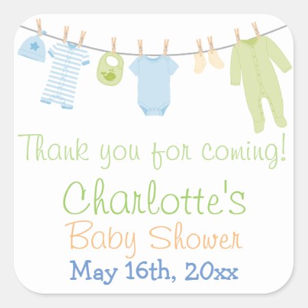 Little Clothes Blue & Green Baby Shower Party Square Sticker