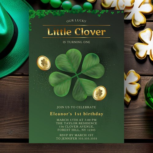 Little Clover St Patricks Day 1st Birthday Party Invitation