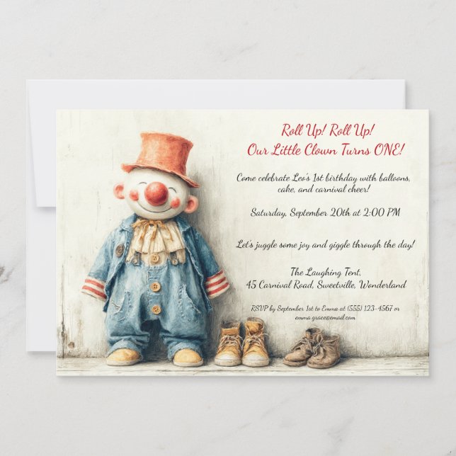 Little Clown 1st Birthday Show Invitation (Front)