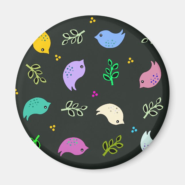 Little Colorful Birds Pattern on Black Magnet (Front)
